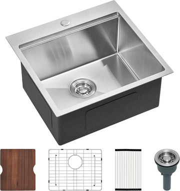 21x20x10 Inch Drop Sink, T304 16-Gauge Stainless Steel Single Bowl, Soundproof Brushed Finish, Includes Drain, Grid