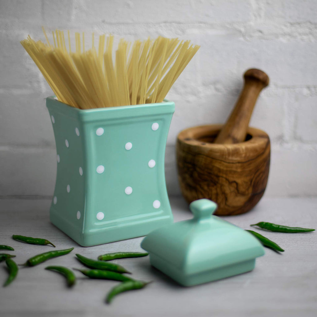 To Cottage Handmade Teal Blue and White Polka Dot Large Ceramic 31.5oz/900ml Kitchen Storage Jar with Lid | Pottery
