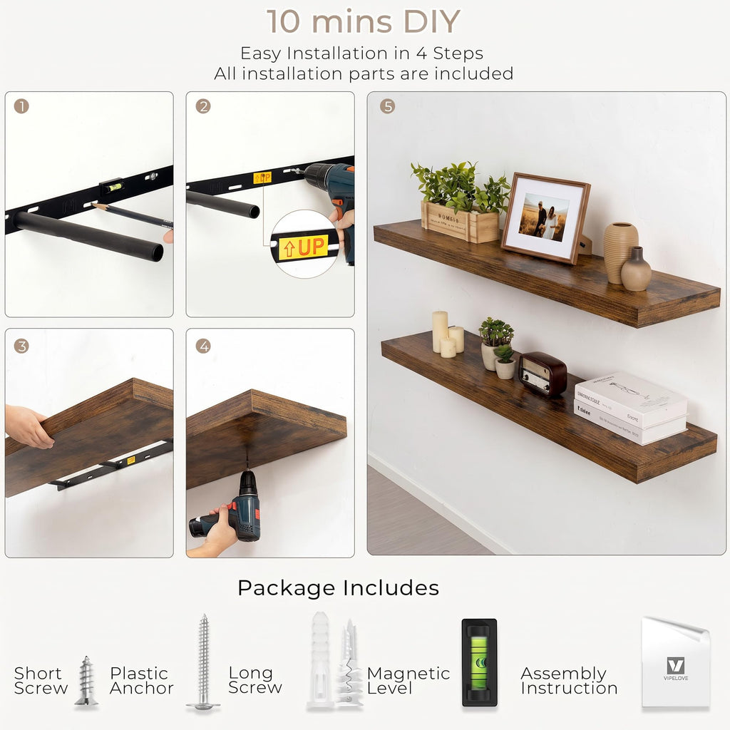 Deep Floating Shelves, 16 x 8, Rustic Brown, Set of 2