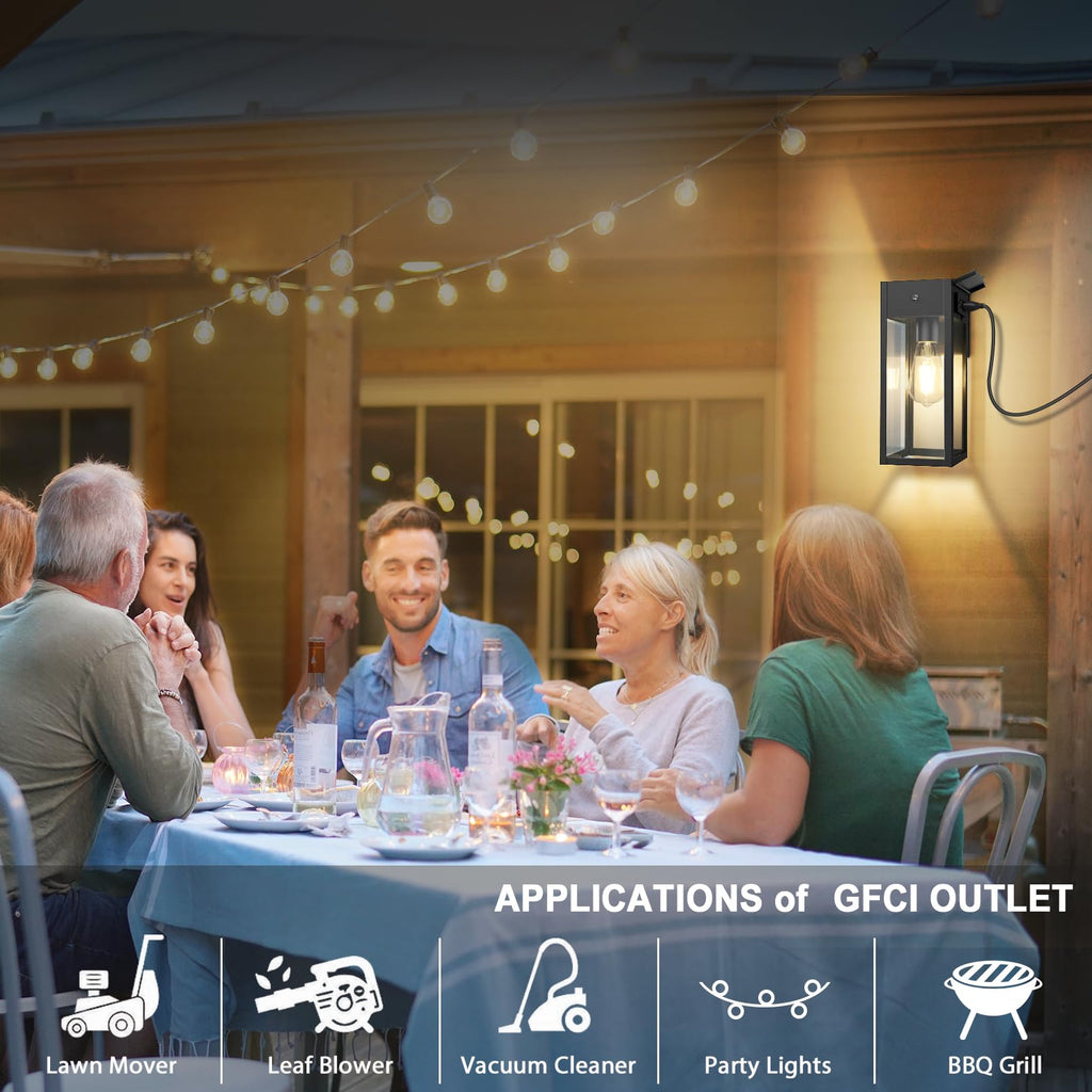 Porch Lights with Outlet, Dusk to Dawn Outdoor Light, 2-Pack Black