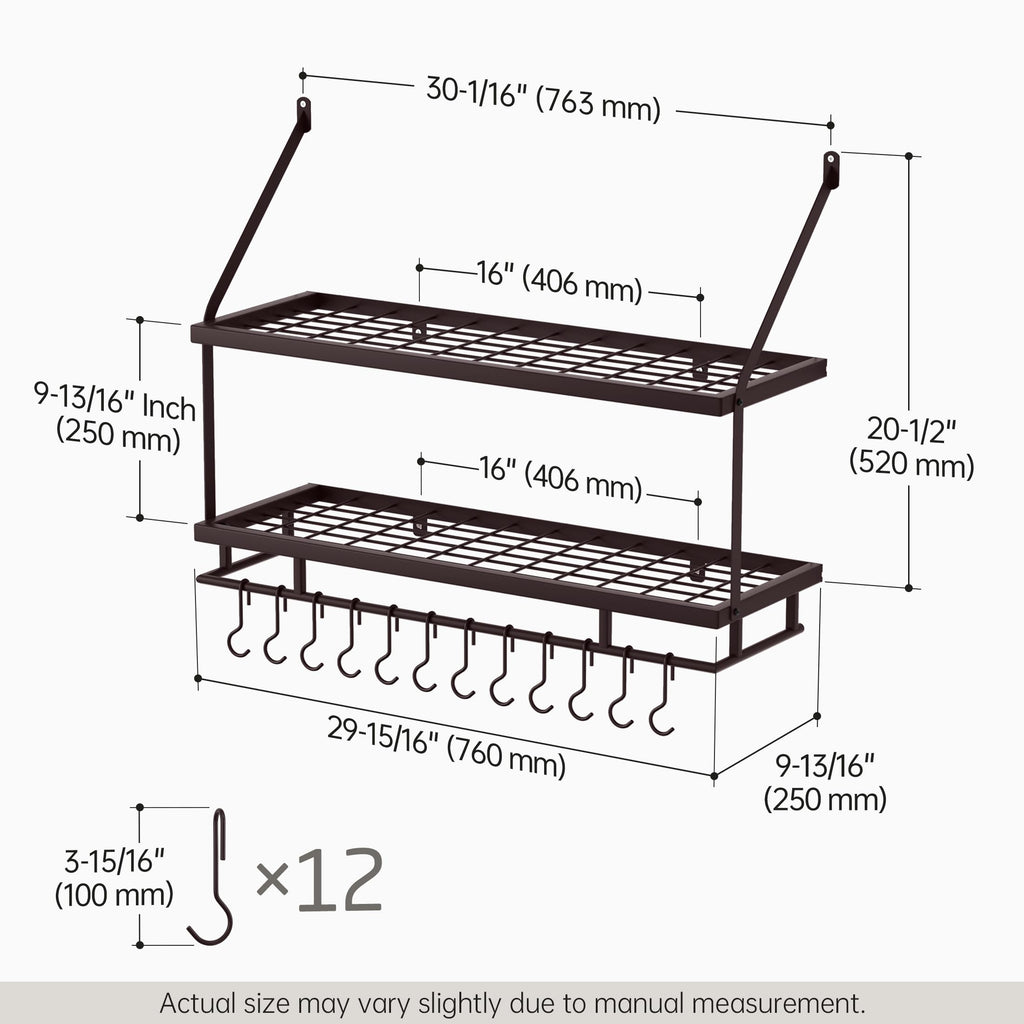 Oiled Bronze Pot Rack Wall Mounted, 100 Lbs Capacity, 12 Hooks