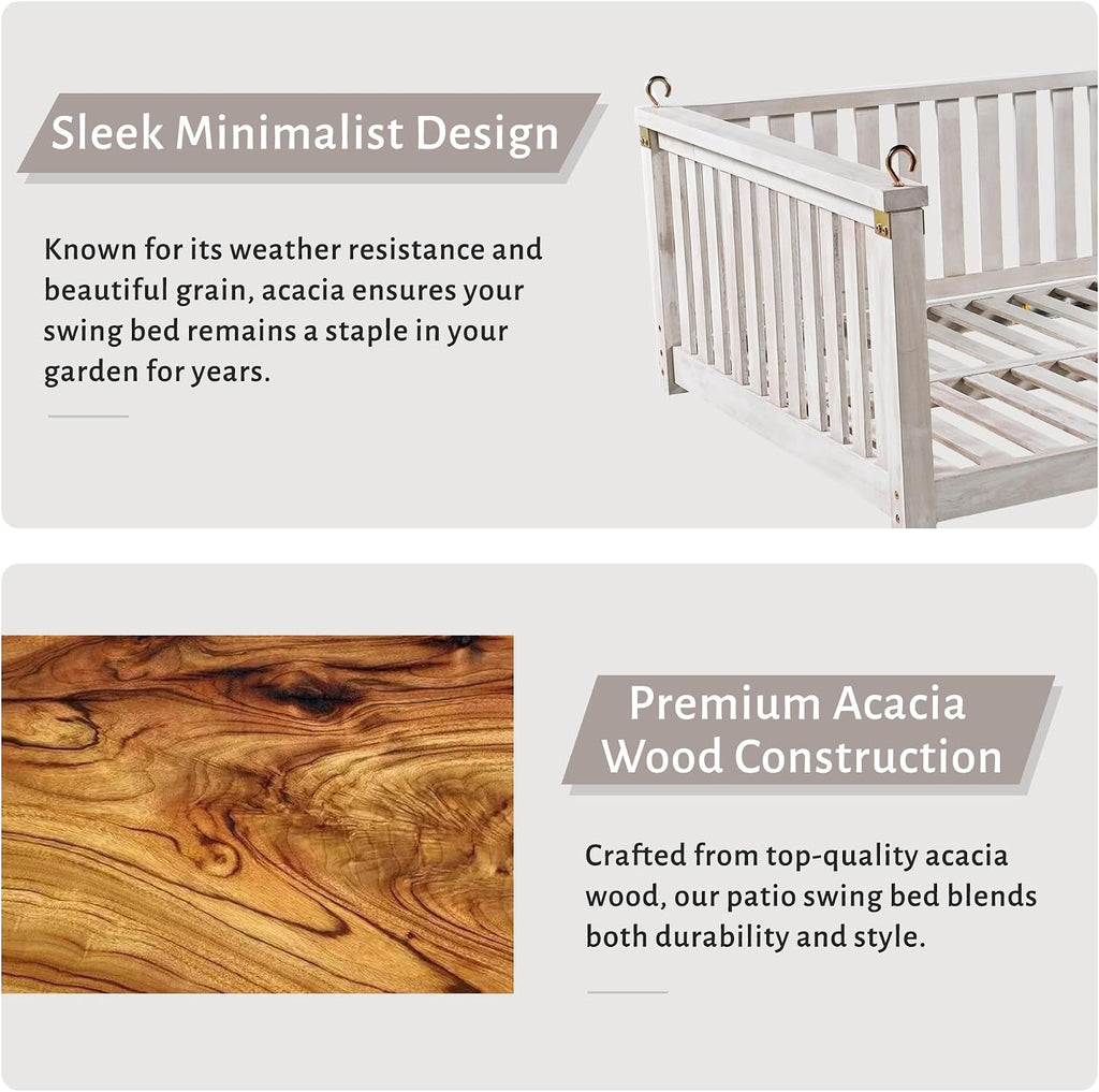 Patio Swing Bed, Twin Size Acacia Wood Porch Swing | Acacia wood frame, twin mattress fit, sloped seat design, 350 lb