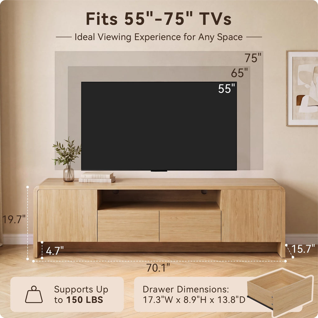 70" Curved TV Stand for 75 Inch TV, Modern Wood Media Console