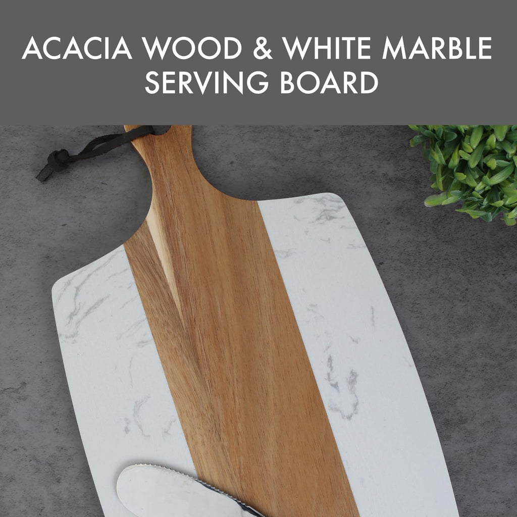 White Marble and Acacia Wood Charcuterie Board - 15.75 x 8.5 Serving Platter - Cheese, Meat & Appetizer Tray