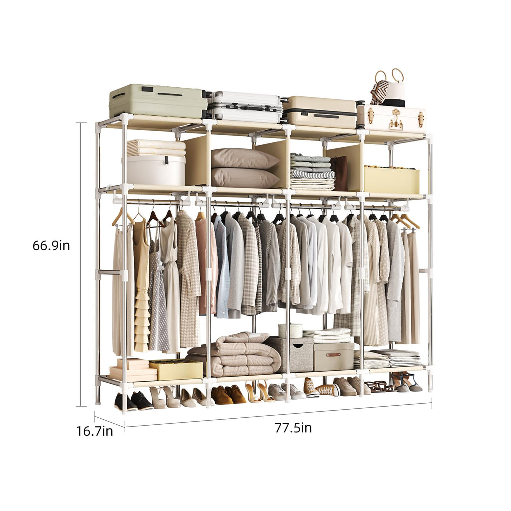 Large Portable Armoire Wardrobe Closet with 4 Hanging Rods and Lockers, Metal Storage Wardrobe Clothes Rack with Dust