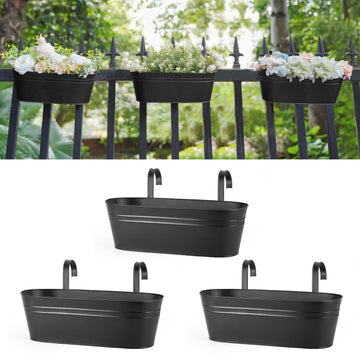 15 Inches Railing Planter Box 3 Pcs Metal Hanging Flower Pots, Black