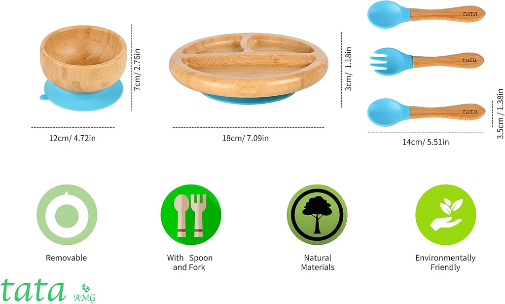 Bamboo Suction Plate & Bowl with Fork and 2 Spoons | Divided Wooden Feeding Dish for Toddlers | BPA-Free Baby Led
