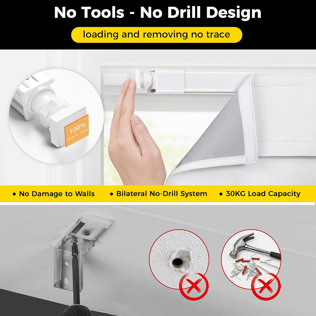 No Drill Cordless Roman Shades for Windows, 34" W × 64" H - 100% Blackout - Linen - Mist White
