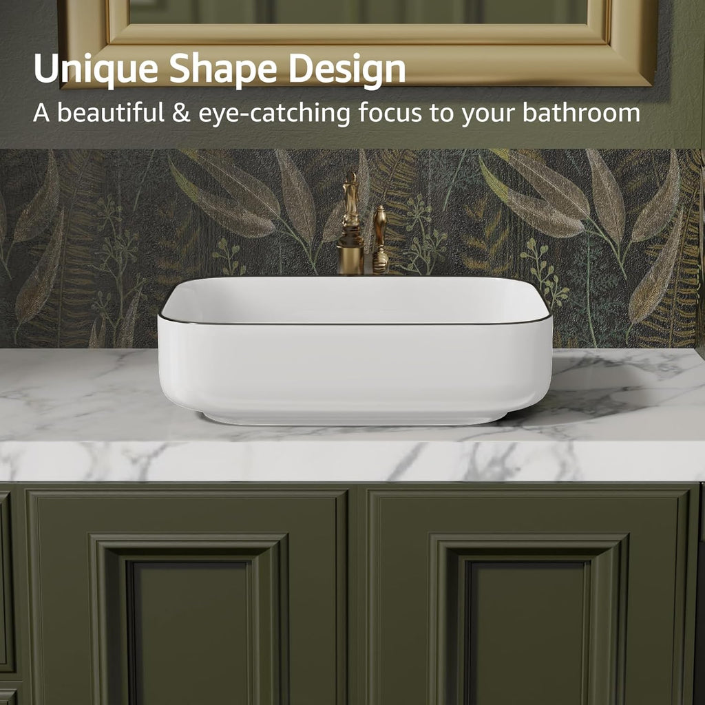 Bathroom Vessel Sink Rectangle Above Counter Porcelain Ceramic Sink Top Mount Rectanglar Countertop Sink for