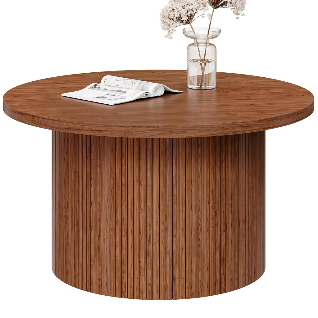 31.5" Round Coffee Table, Tambour Design Coffee Tables, Mid Century Modern Wood Coffee Table, Drum Accent Small