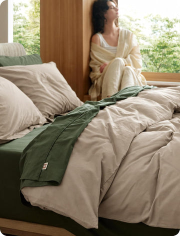 100% Washed Cotton Duvet Cover Queen - Frosted Almond Minimalist Bedding Set Linen Like - PureWoven Plain Simple &
