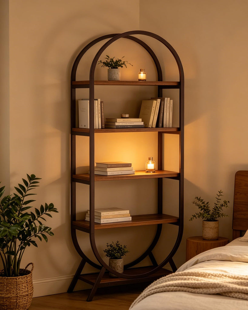 Bookshelf Arched Bookcase, 5 Tier Open Freestanding Display Shelf, Walnut
