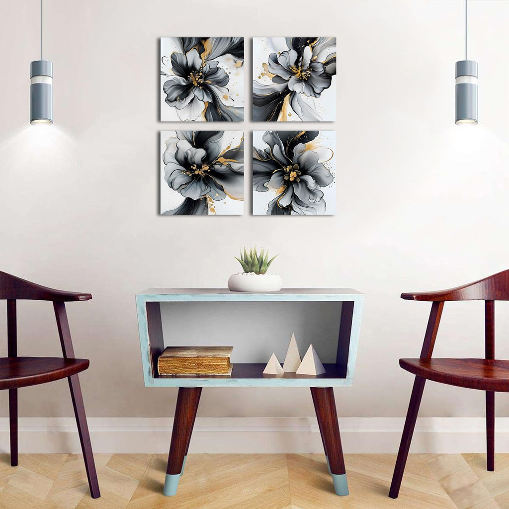 Black and White Abstract Wall Art Framed Marble Flowers Pictures Bathroom Wall Decor Gold Foil Fluid Lines Posters