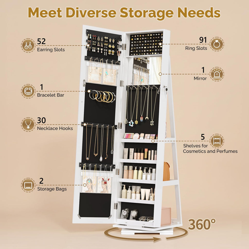 360° Swivel Jewelry Mirror Cabinet with Inside Makeup Mirror, Full Length Mirror with Jewelry Storage, Lockable