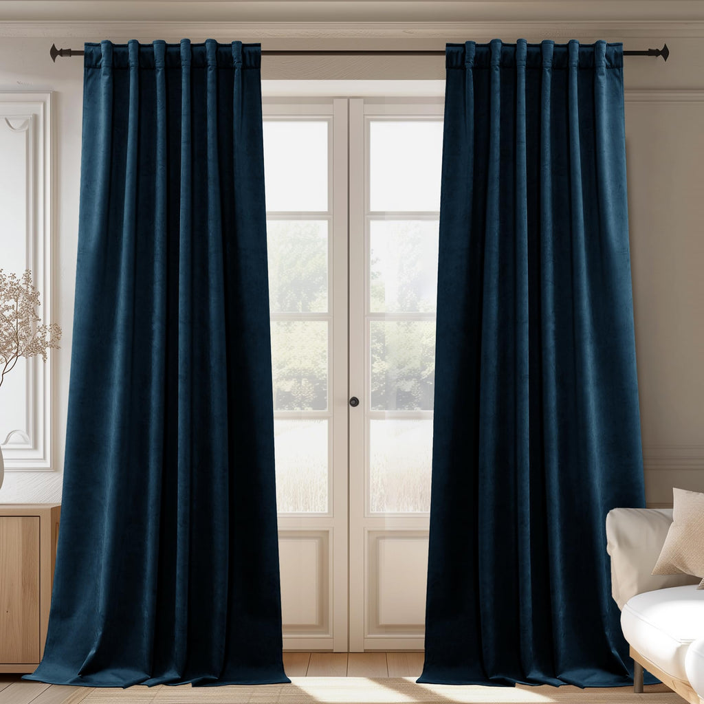 Navy Blue Velvet Blackout Curtains Luxury Liner Back Tab Hook Belt Thermal Insulated Window Drapes Heavy Thick