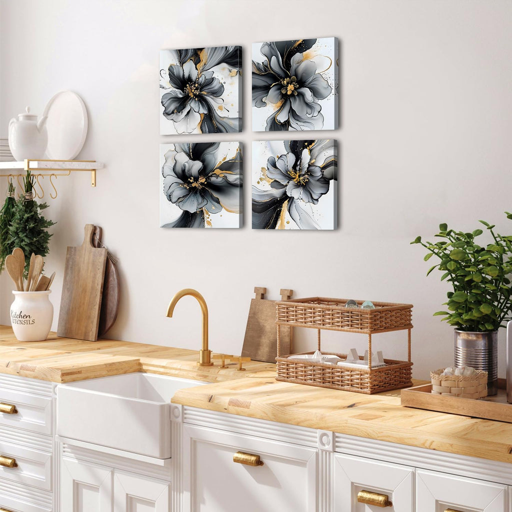 Black and White Abstract Wall Art Framed Marble Flowers Pictures Bathroom Wall Decor Gold Foil Fluid Lines Posters