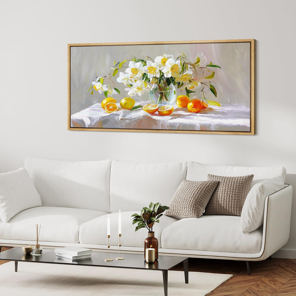 Extra Large Framed Canvas Print Wall Art Vibrant Still Life with White Blossoms and Citrus Fruits Antique Retro Ready
