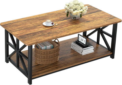 Coffee Table with Round Corner, Farmhouse Center Table with 2-Tier Storage Shelf X-Frame Design, 39 inch Walnut