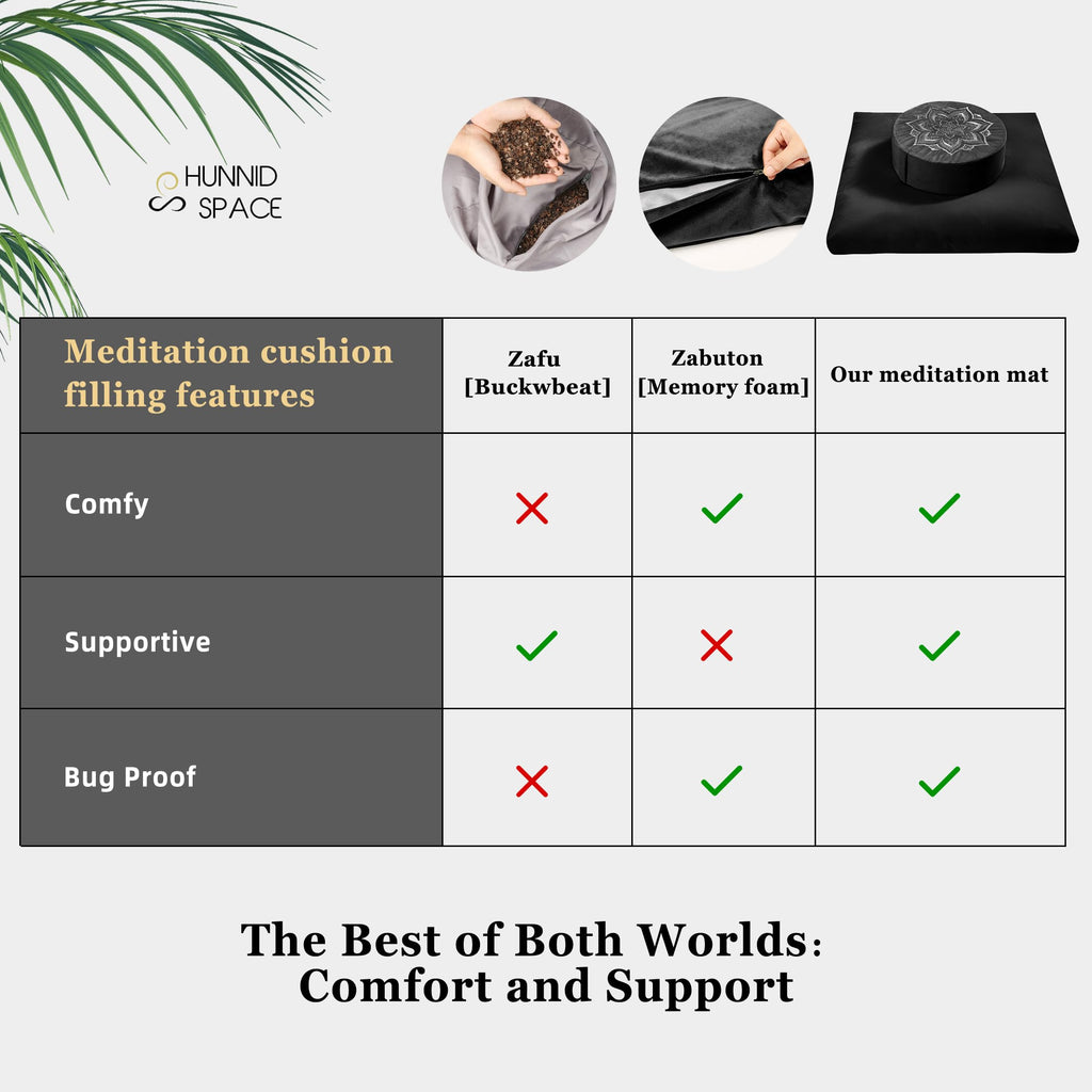 Meditation Cushion Set Zafu & Zabuton - Buckwheat Hull & Memory Foam, Adjustable Floor Pillow for Yoga, Meditation &