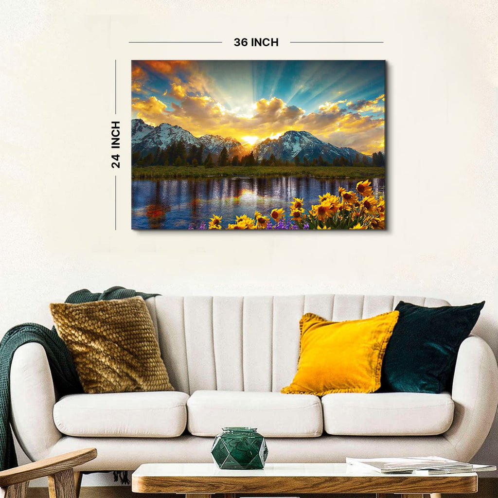 Sunset Grand Teton Mountain Wall Art Office National Park Forest Picture Canvas Painting 24x36", Sunflower Landscape