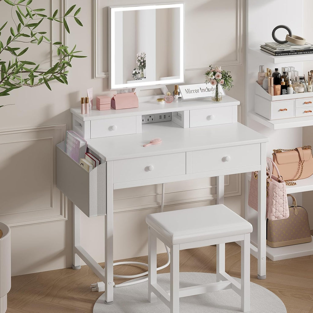 White Makeup Vanity Desk with Mirror and Lights, Vanity Set with Chair, Make Up Dresser Table with Drawers and Power