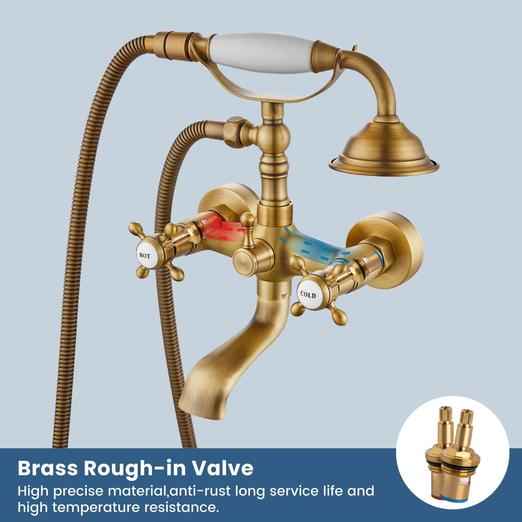 Cross Handle Antique Brass Tub Faucet with Handheld Shower