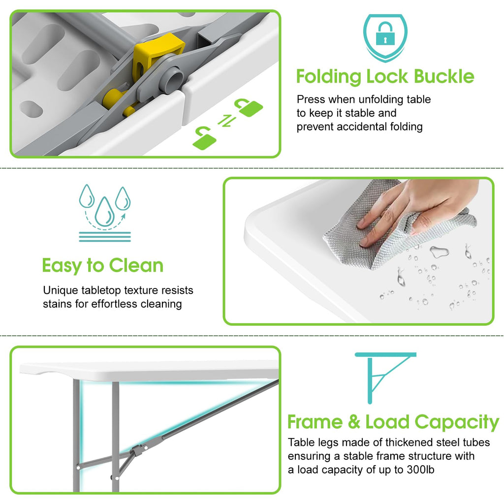 Folding Table 2 Pcs, 6 ft Portable Camping Table with Handle & Safety Locks