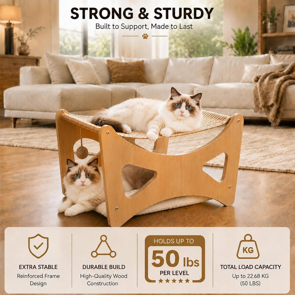 Cat Hammock Bed, 3 in 1 Elevated Bunk Cat Hammock Bed with Sisal Scratching Pad & Soft Plush Cushion, Wooden Cat