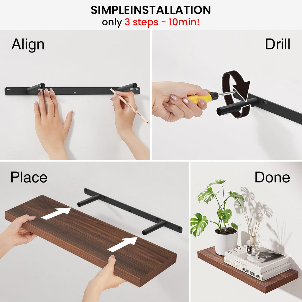 Walnut-Like Floating Shelves 22.5in, 2 Pack, Wall Mounted Wall Decor