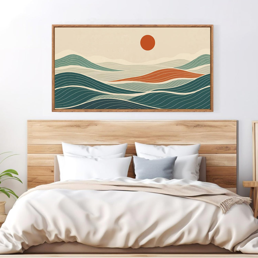 Long Coastal Framed Wall Art, Minimalist Coastal Horizontal Wall Decor, Abstract Waves Line Artwork Ocean Sea