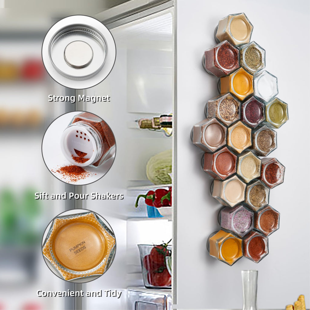 Set of 20 Large 4oz Magnetic Spice Jars for Refrigerator, Hexagon Glass Magnetic Spice Jars with Shaker Lids
