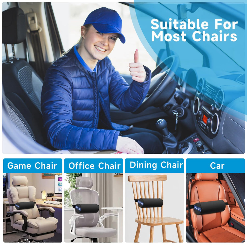Lumbar Roll, Lumbar Support Pillow Chair with Non-Slip Wider Strap, Back Pain Relief & Posture Improvement, Washable
