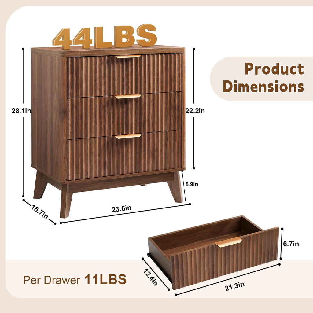 Fluted Nightstand Set of 2, Wood Bedside Table with 3 Drawers, Modern Farmhouse Storage End Table, Walnut