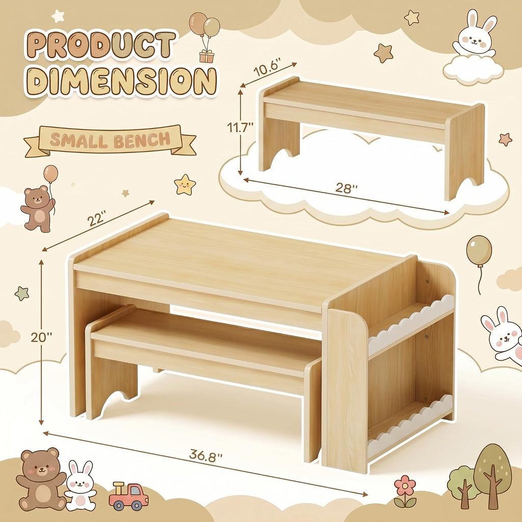 Kids Table and Bench Set, Montessori Kids Table and Chair Set, Indoor Wooden Toddler Activity Table with Bookshelves
