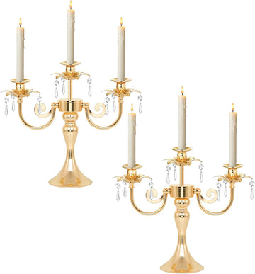 Metal 3 Arm Candelabra with Crystal Pendants - 11.8 Inch Tall Candle Holders, Set of 2 - Elegant Taper Candlestick