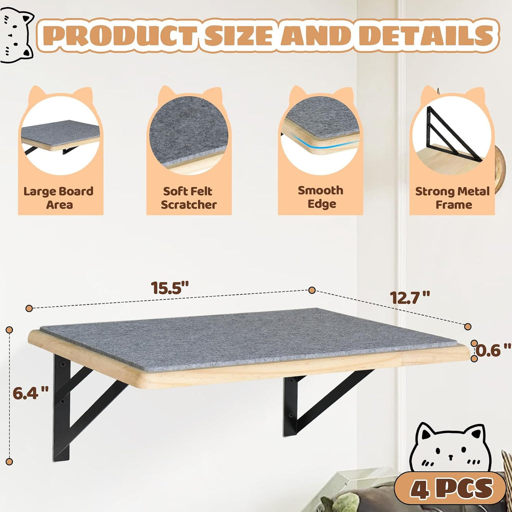 Burlywood Cat Shelves: Set of 4 Wood Cat Furniture Indoors - Climbing Shelf with Wall Mounted Scratching Pad &