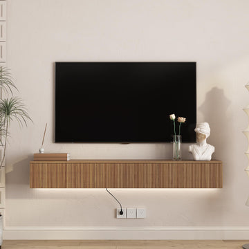 65" Floating TV Stand Wall Mounted, 16-Color LED 4 Modes Modern Fluted TV Console with 3 Flip-Down Cabinets