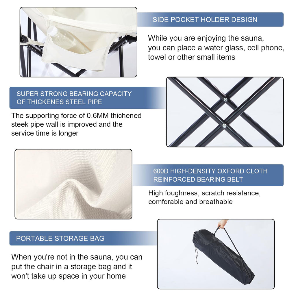 Oversized Portable Sauna Chair, Fast Folding Chair with Carrying Bag for Personal Home Sauna (White)