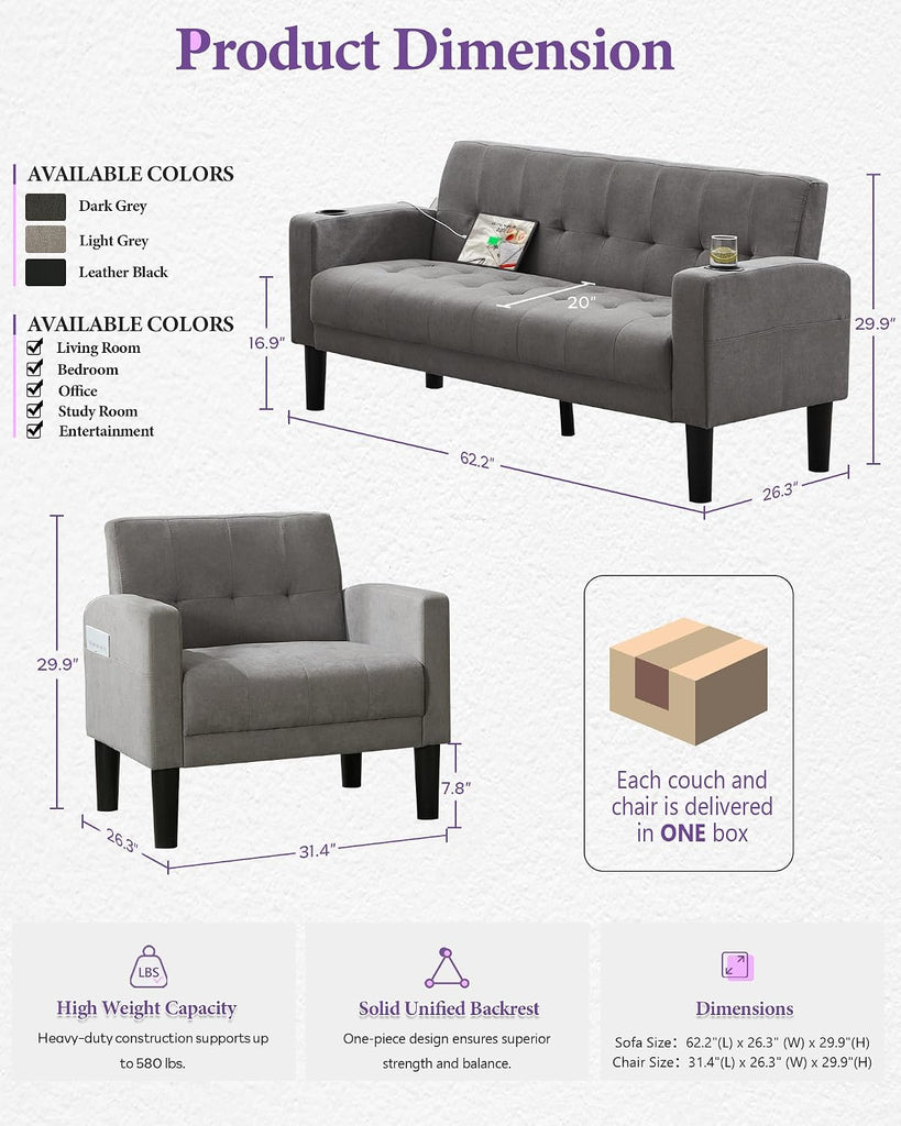 Light Grey Couch and Chairs Set, 3 Piece Living Room Furniture Set with USB & Type-C Ports, Fabric Loveseat Sofa and