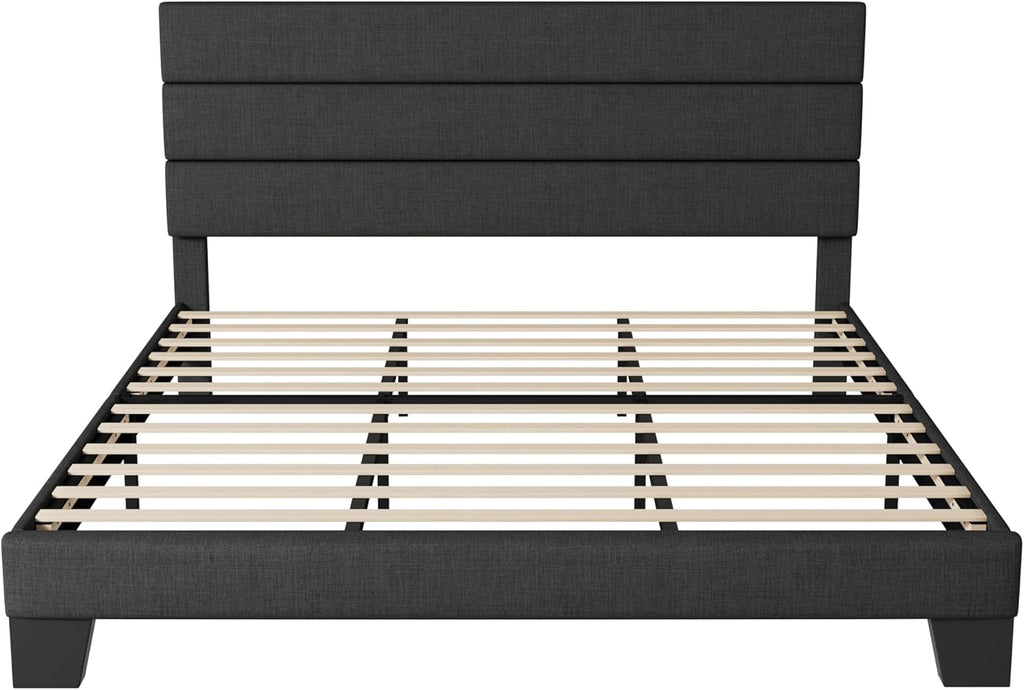 King Bed Frame Platform Bed with Fabric Upholstered Headboard and Wooden Slats Support