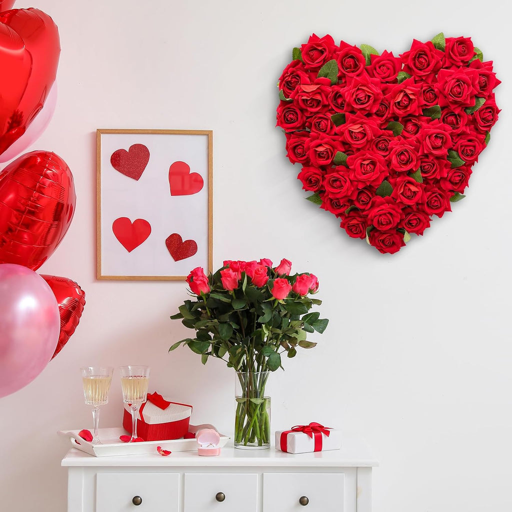 Valentines Day Heart Wreath Red Rose Heart Wreaths Valentines Heart Shaped Wreath for Door with Red Bow Valentines