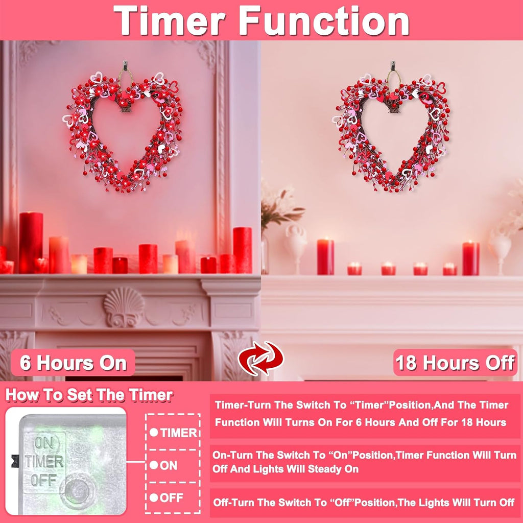 Valentine's Day Wreath Decoration with 20 Red LED Lights Timer Wood Hearts, Battery Operated 16 Inch Valentines Door