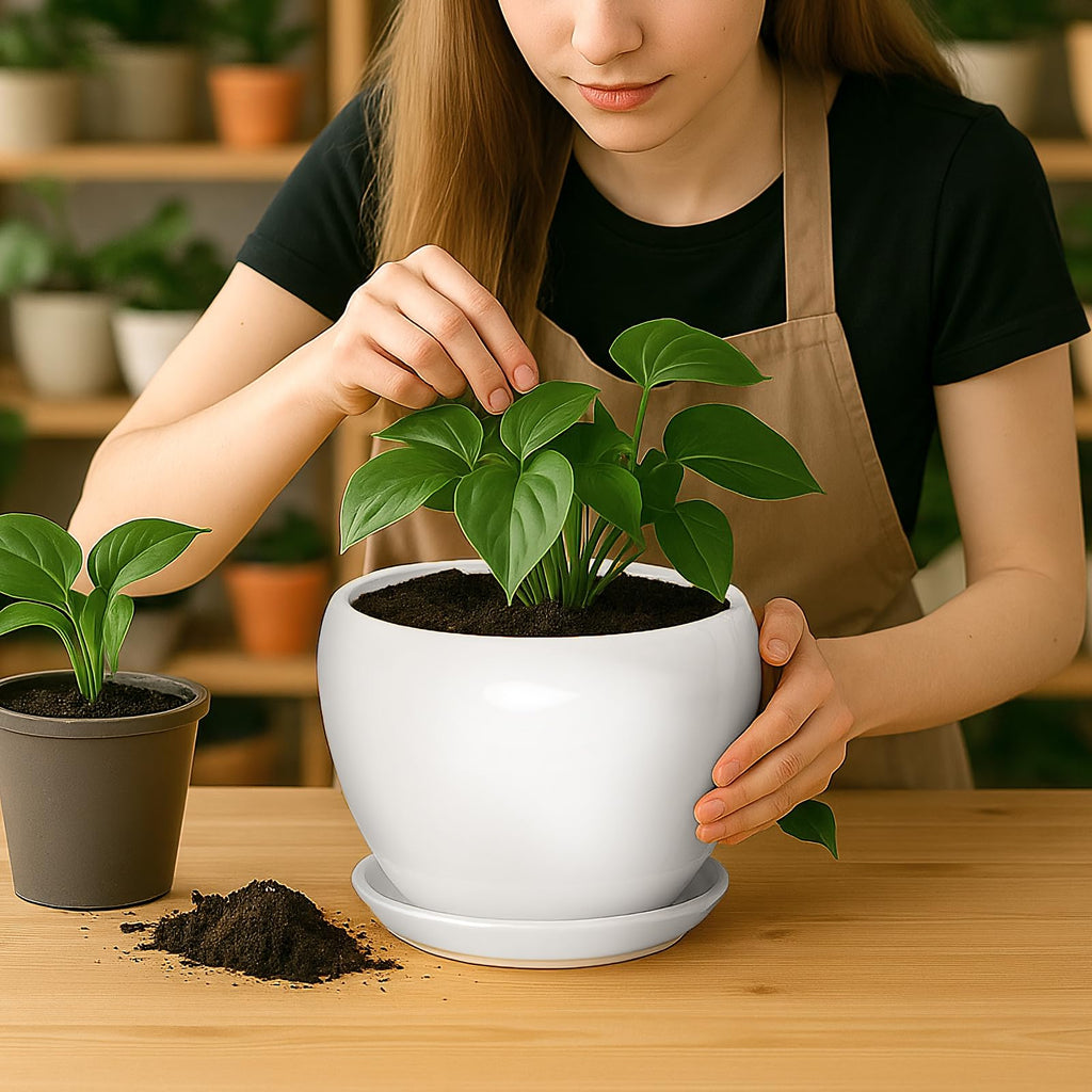 8 Inch Plant Pot - Ceramic Planter with Drainage Hole and Trays, Modern Round Flower Pot, Planters for Indoor Outdoor