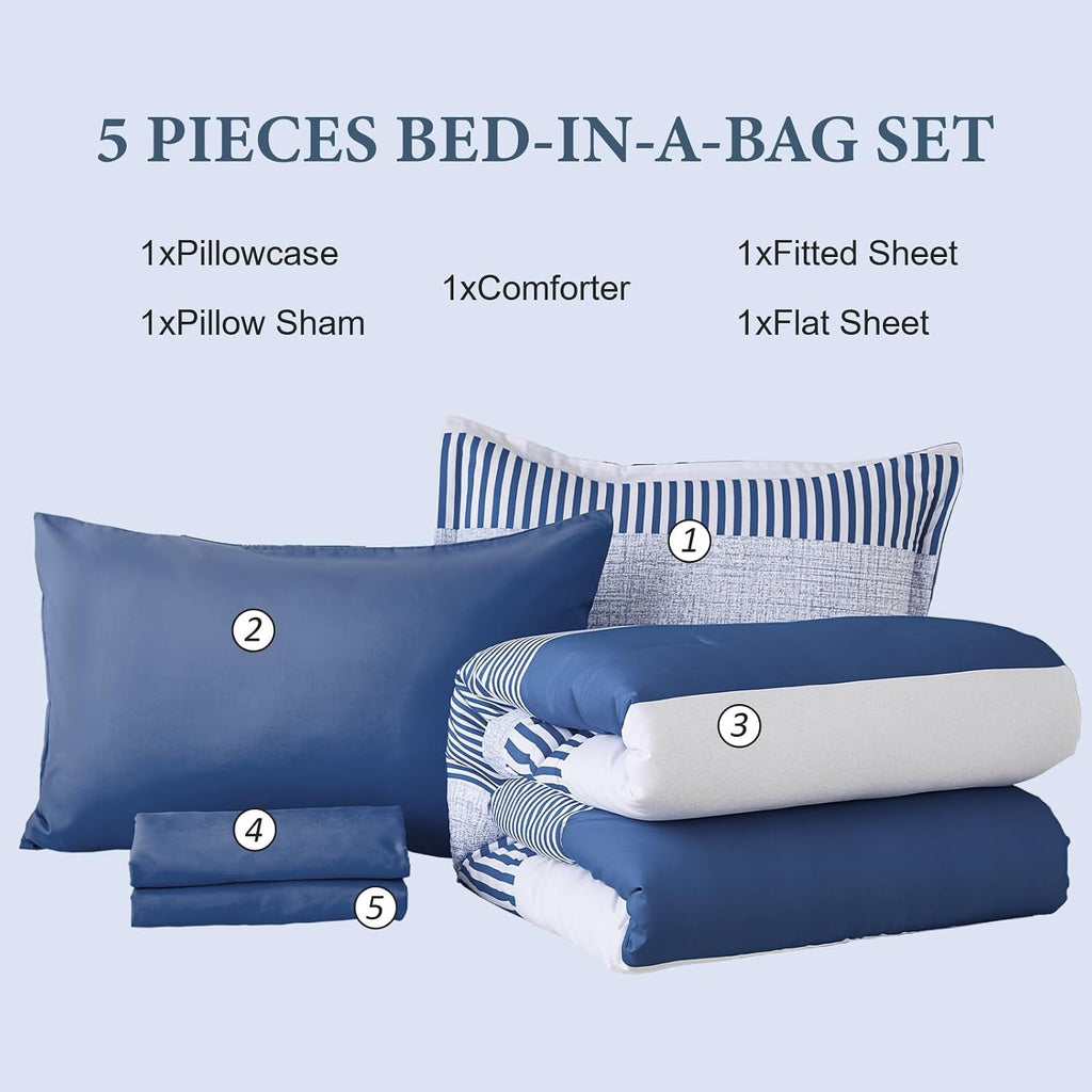 Twin Comforter Navy Blue Striped Comforters for Boys&Girls,5 Pieces Bed in A Bag Simple Neutral-Style Bedding Sets