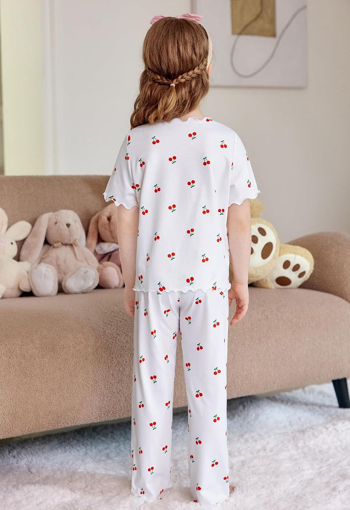 Girls Pajamas Short Sleeve Long Pant Sleepwear Soft Shirring Pjs