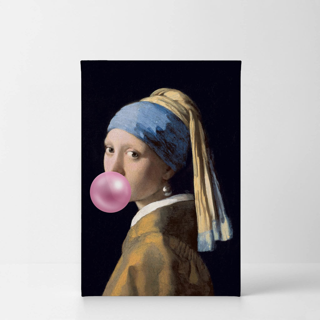 Johannes Vermeer's Masterpiece Girl with a Pearl Earring Pink Bubble Gum Art CANVAS PRINT Modern Painting Wall Art