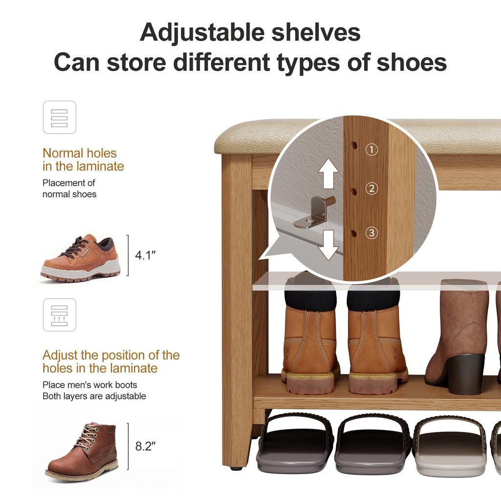 2 Tier Shoe Bench with Leather Cushion, Shoe Rack
