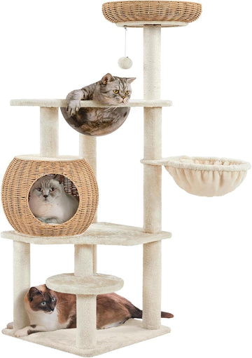 54in Rattan Cat Tree Tower with Woven-Style Nest and Hammock