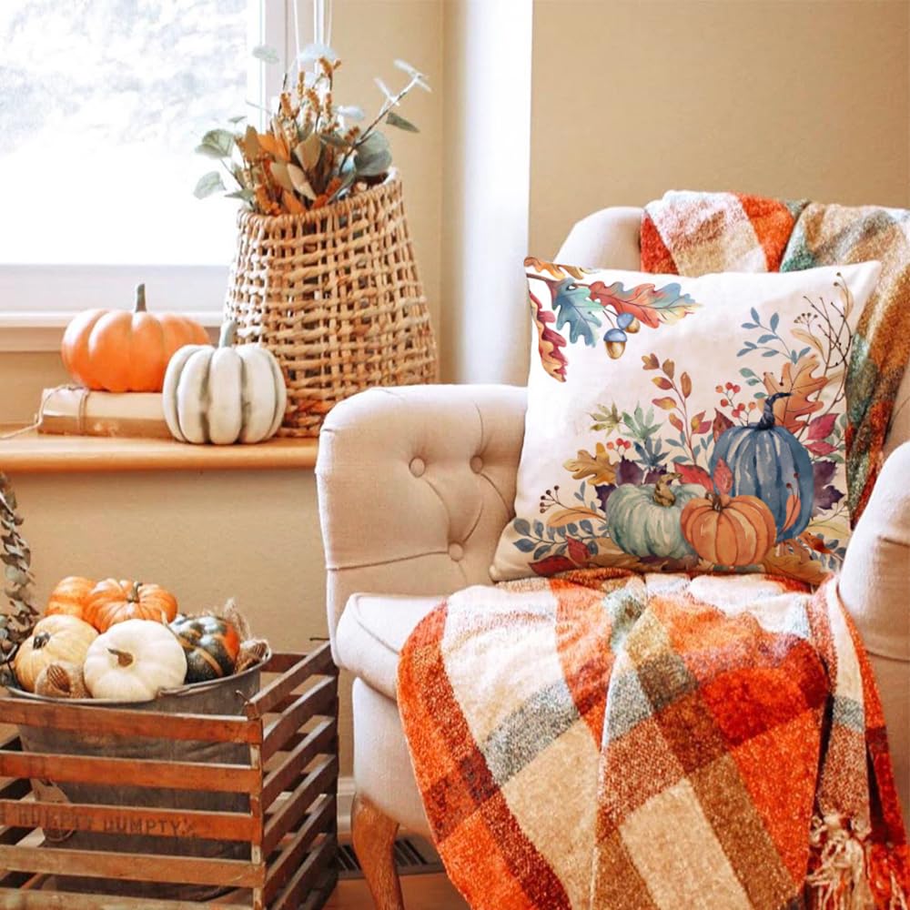 Fall Pillow Covers 18x18 inch Set of 2 Blue and Green Watercolor Pumpkin Fallen Leaves Decorative Throw Pillow Covers