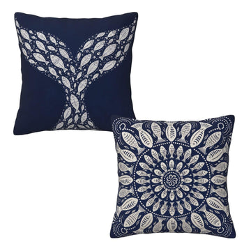 Navy Blue Fish Mandala Throw Pillow Covers 18x18 inch Set of 2